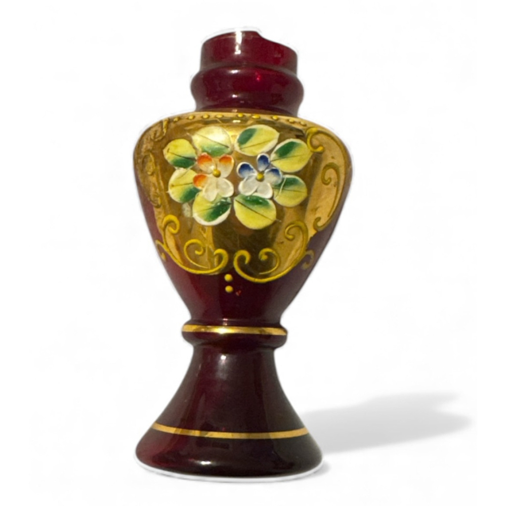 Vintage Ruby Red Glass Vase Hand Painted Floral Bohemian Gold Gilt Japan 5”